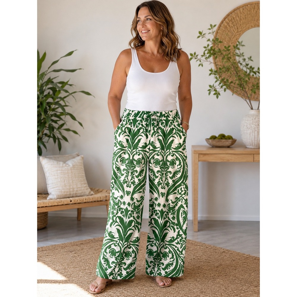 Karen Kane Mango‎ Tango Drawstring Pant Green White Damask Wide Leg Large NEW